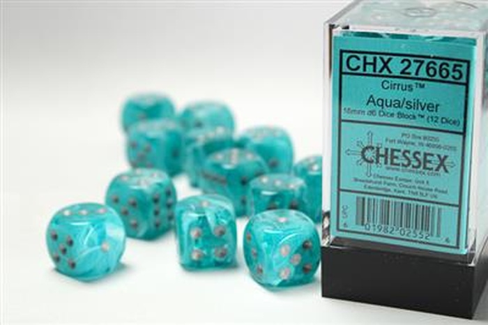 Chessex - Sada hracích kostek 12x d6 Cirrus Aqua w/silver