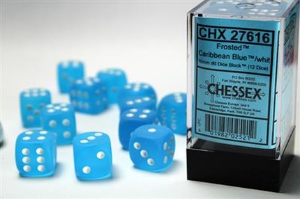 Chessex - Sada hracích kostek 12x d6 Frosted Caribbean Blue w/white