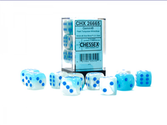 Chessex - Sada hracích kostek 12x d6 Turquoise-White/blue