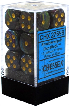 Chessex - Sada hracích kostek 12x d6 Lustrous Shadow w/gold