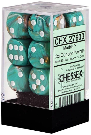Chessex - Sada hracích kostek 12x d6 Marble Oxi‑Copper/white