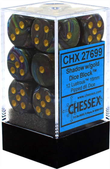 Chessex - Sada hracích kostek 12x d6 Lustrous Shadow w/gold