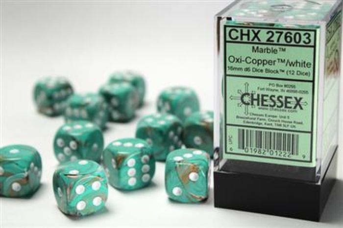 Chessex - Sada hracích kostek 12x d6 Marble Oxi‑Copper/white