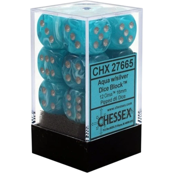 Chessex - Sada hracích kostek 12x d6 Cirrus Aqua w/silver